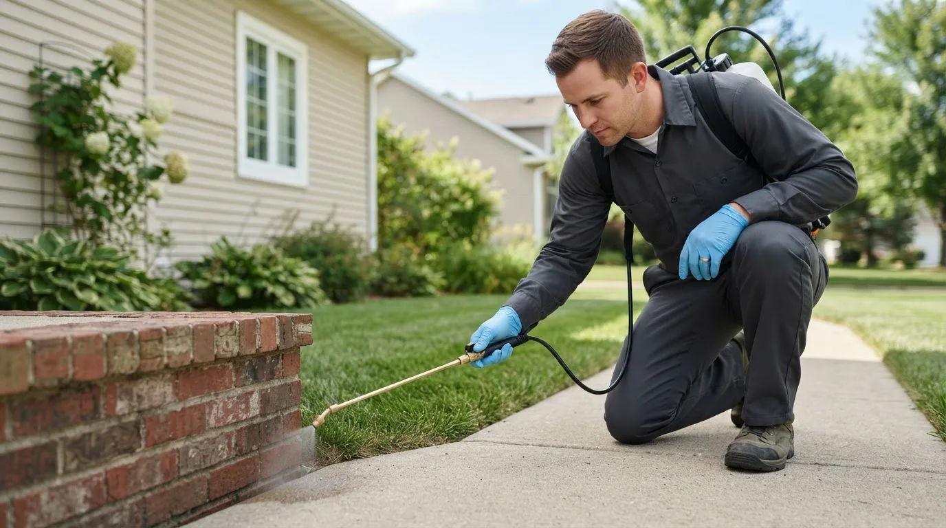 Pest control technician treating a home near Ridgeway, OH